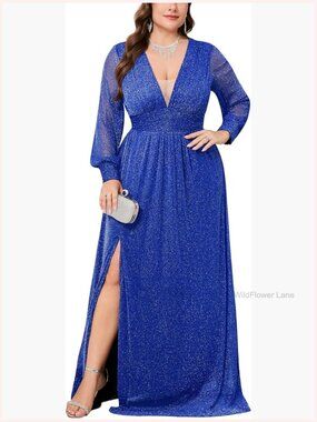 Plus Size Sparkly Formal Maxi Dress Long Sleeve Deep V-Neck Mesh with Slit